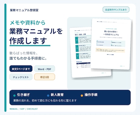 メモや資料から業務マニュアルを作成します 散らばった業務情報を、誰でもわかる手順書に整えます イメージ1