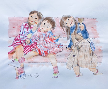 お祝いなどの贈り物に水彩画で似顔絵等お描きします PCじゃない手描きの温かい線画から水彩画まで楽しいイラスト、 イメージ2