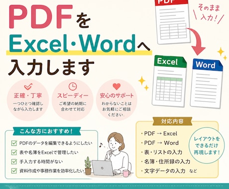 PDFをExcel･Wordに再作成します PDF・WordをもとにExcel・Wordを作成します イメージ1