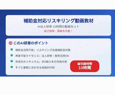 助成金対象リスキリング事業　AI動画教材販売します 助成金対象。研修、再販も可能な1０時間の動画セット イメージ2