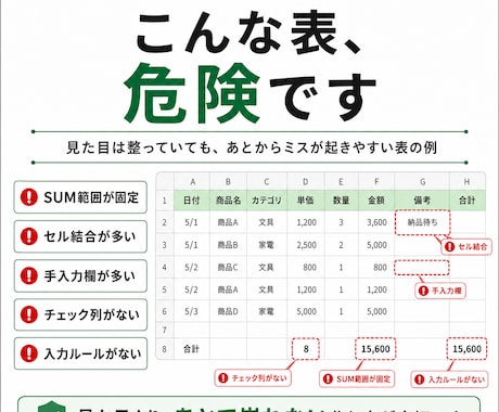 Excel表のミス原因を診断します 集計漏れ・入力ミスを防ぐ改善点をお伝えします イメージ2