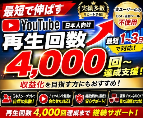 YouTube日本人動画再生4000回迄宣伝します 動画4000回～3万再生:平均視聴時間12～15分 イメージ1
