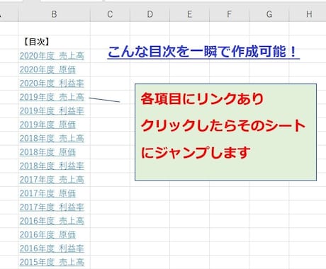 シートの多いExcelにリンク付き目次を作成します シートが山ほどあるExcelに自動でリンクつき目次シート作成 イメージ1