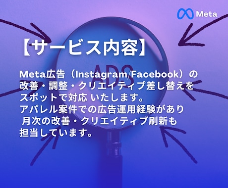 Meta広告インスタ広告の初期調整／改善いたします Meta/インスタ広告の改善・クリエイティブ差替を行います イメージ2