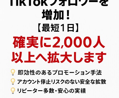 TikTokフォロワーを増加2,000人拡大します リピーター多数で安心の実績です！ イメージ1
