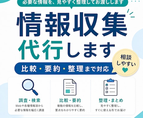 面倒な情報収集を代行し、わかりやすく整理します 時間がない方へ。調べものを見やすく整理してお渡しします イメージ1
