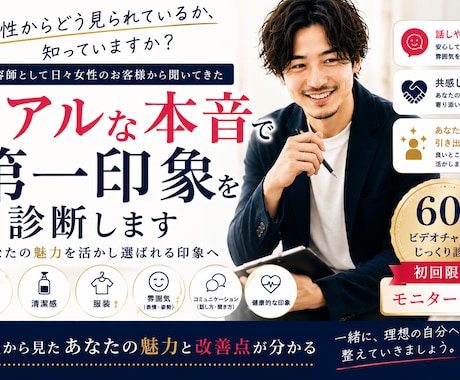 美容師が恋愛・婚活男性の第一印象を診断し整えます 女性のお客様に聞いたリアルな本音であなたの魅力を引き出します イメージ1