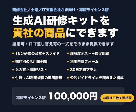 AI社内研修キット|再販ライセンス付きで提供します 中小企業向け生成AI研修・定着キットを貴社商品にできる再販版 イメージ1