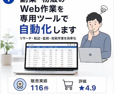 副業・物販のWeb作業を専用ツールで自動化します 商品リサーチ・情報収集・転記・監視・投稿作業をまとめて効率化 イメージ1