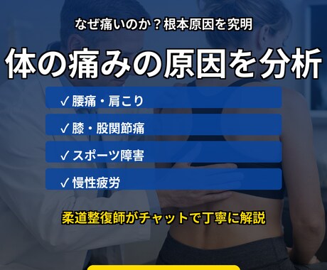 体の痛みの原因を一緒に分析します 現役柔道整復師があなたのお悩みの体の痛みの原因を整理します イメージ1
