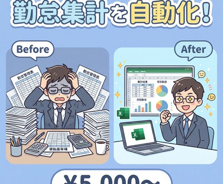勤怠管理表をVBAで自動集計します 勤怠の集計、毎月手作業ですか？ イメージ1