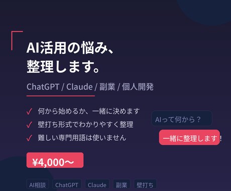 ChatGPT・Claude活用の悩みを整理します 副業・仕事でのAI活用を壁打ち形式で一緒に整理します イメージ1