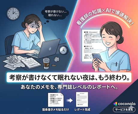 看護師の知識×AIで解決！レポート考察支援します 臨床経験6年の看護師が監修。寝られない夜を終わらせる執筆支援 イメージ1