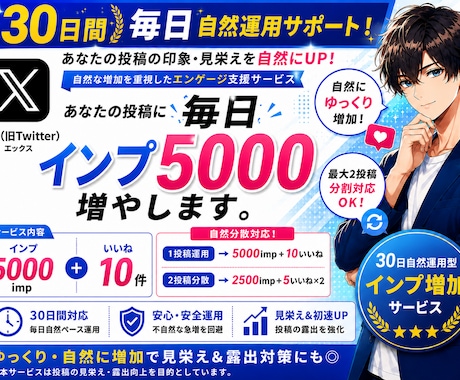 X30日間運用サポート！自然にインプ増加します 毎日対応！5000インプ＋10いいね！分割可能サービス イメージ1