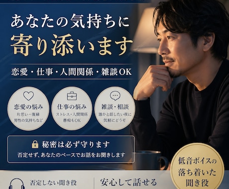 女性限定】悩み事相談、雑談、恋の悩みなど聞きます 低音ボイス｜否定せず優しく話を聞きます（恋愛・仕事OK） イメージ1