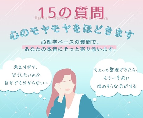15の質問からあなたの心のモヤモヤを解きほぐします 心理学ベースにした質問で、心の整理をサポートします。 イメージ1