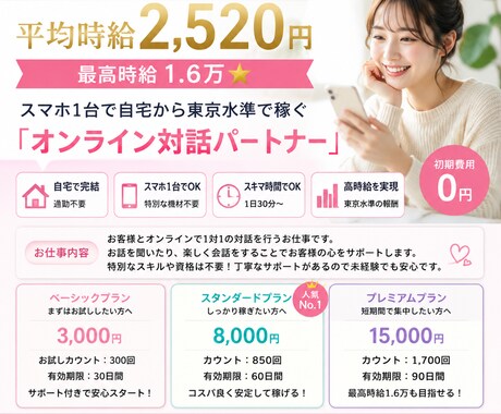 オンライン通話特別なスキルや資格は不要ます 地方在住歓迎スマホ1台で東京水準報酬オンライン対話パートナー イメージ1