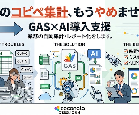 GAS×AI導入支援。自動集計・レポート化をします 月末のコピペ集計、もうやめませんか？ イメージ1