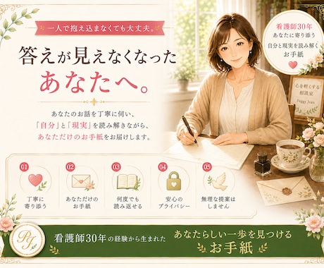 あなたらしい答えを見つけるお手紙をお届けします 答えを押し付けず、あなたが納得できる一歩を一緒に見つけます。 イメージ1