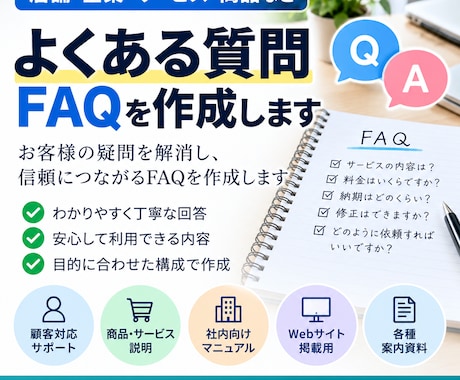よくある質問・FAQを分かりやすく作成します 商品やサービス内容から質問と回答を読みやすく整理します イメージ1