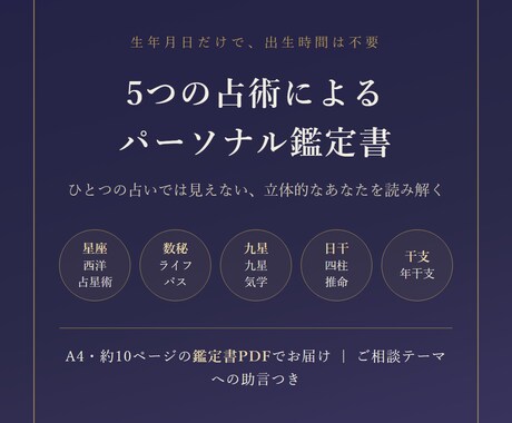 5つの占術を統合した鑑定書をお作りします 星座・数秘・九星・四柱推命・干支。5つの視点を一冊に イメージ1