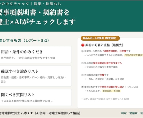 重要事項説明書・契約書を宅建士×AIがチェックます 後悔しないため、不動産契約書の“見落とし”を洗い出します。 イメージ2