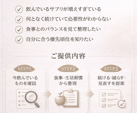 今のサプリ本当に必要？管理栄養士が整理します なんとなく飲んでいるサプリを、食事から見直したい方へ イメージ2
