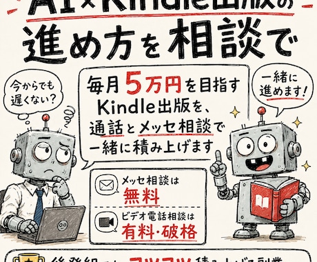 AI×Kindle出版の進め方を相談できます 毎月5万円を目指すKindle出版を、通話とメッセ相談で イメージ1