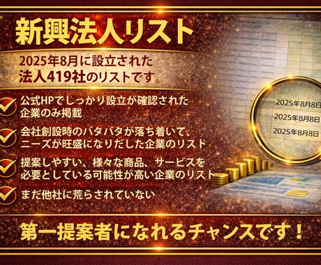 新興法人リスト｜設立直後419社を厳選してます 2025年８月に設立された企業を厳選　第一提案者になりやすい イメージ2