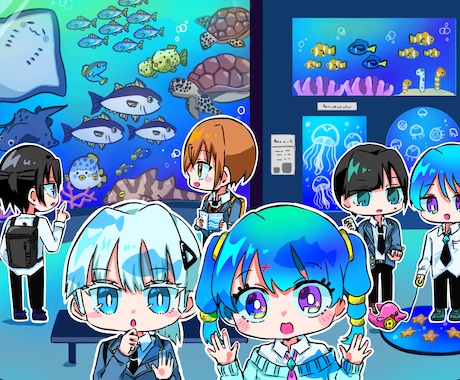 最大10人まで背景有りのミニキャラ一枚絵を描きます 生き生きとしたキャラクター達を描きます！ イメージ1