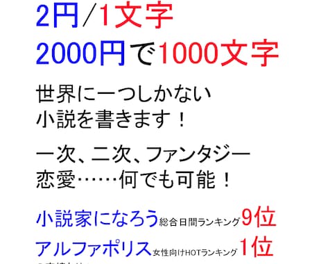 PV3100万超の作者があなただけの小説を書きます 2円/1字。一次、二次、ファンタジー、恋愛等…何でも可能 イメージ1