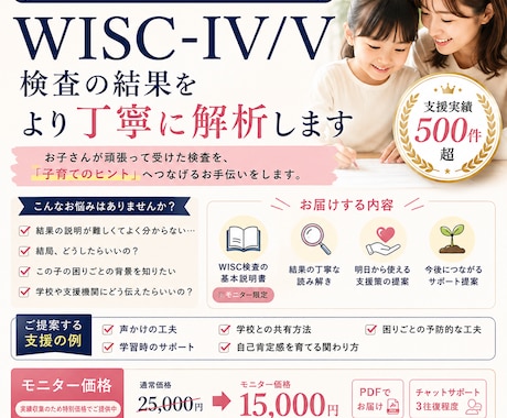 WISC-Ⅳ/Ⅴ検査の結果をより丁寧に解析します 実績500件超／役立てやすい支援策をご提案いたします！ イメージ1