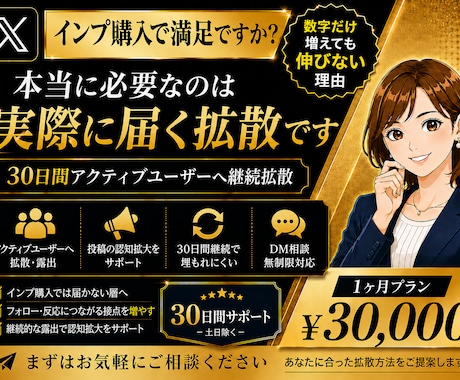 X投稿を30日間アクティブに拡散サポートします あなたのその伸び悩み…30日間で正しい運用でアクティブに！ イメージ1