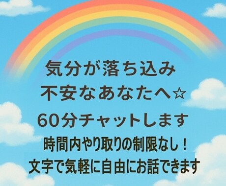 気分が落ち込み不安なあなたへ☆60分チャットします 時間内やり取りの制限なし！文字で気軽に自由にお話しできます イメージ2