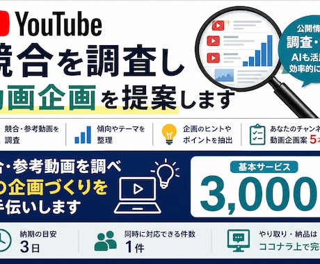 YouTube競合を調査し動画企画を提案します 競合・参考動画を調べ次の企画づくりをお手伝いします イメージ1