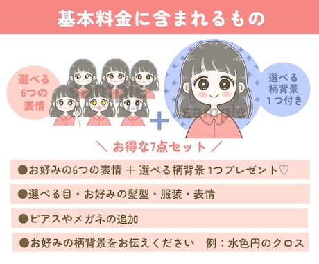 背景柄付き！かわいい表情6点セットイラスト描きます インスタ|ブログ|SNSに◎可愛い商用OKのアイコンイラスト イメージ2