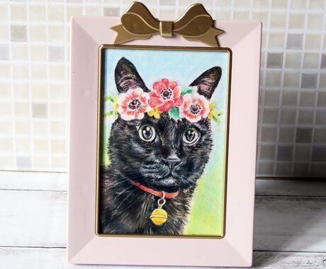 お花で飾った愛猫ちゃんのミニ肖像画を手描きします パステルの温かいタッチで可愛らしく♡リボンフレーム付きです♫ イメージ2