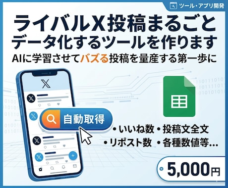 伸びてるXの投稿データを一括取得するツール作ります AIに学習させてバズる投稿を量産する第一歩に イメージ1