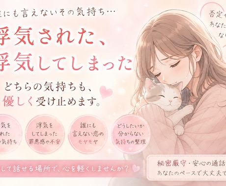 浮気・不倫の悩み、否定せず優しくお聞きします 誰にも言えない恋の悩みも、そっと受け止めます イメージ1