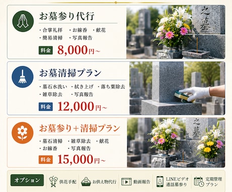お墓参り・お墓掃除を代行します 遠方で行けない方に代わり真心込めて対応します イメージ2