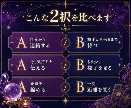 迷っている2つの選択、その先の未来を占います 動く？待つ？選択肢を比べて今のあなたに合う道を読み解きます イメージ2
