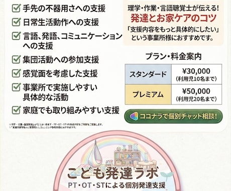 PT・OT・ST視点から利用児の支援内容提案します PT・OT・ST視点から現場で実践できる支援内容を提案します イメージ1