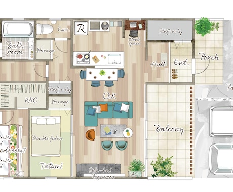 家具付⭐︎マンションの手描き風間取り図、作成します 家具や寝具、床材など再現します イメージ2