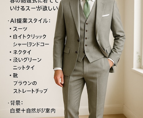 AIビジュアルコーデ提案（画像付き）します 【画像でわかる】あなただけのスーツコーデAIビジュアルで提案 イメージ2