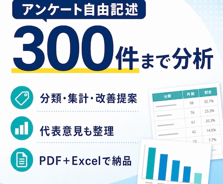 アンケートの自由記述を分析・見える化します 300件まで分類・集計し、改善案をPDF＋Excelで納品 イメージ1
