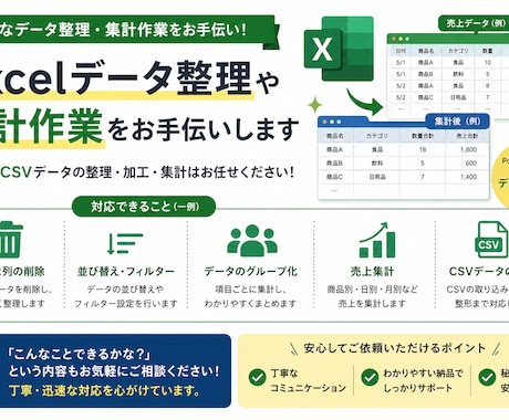 Excelデータ整理や集計作業をお手伝いします 面倒なExcel作業を効率化したい方へ イメージ1