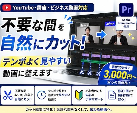 不要な間を自然にカット！見やすい動画に編集します 間延びした動画を、テンポよく見やすく整えます イメージ1