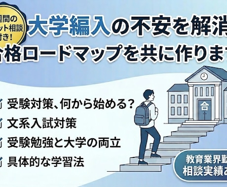 1週間相談し放題！文系大学編入の合格戦略を作ります 小論文対策・大学授業との両立など幅広く相談可 イメージ1
