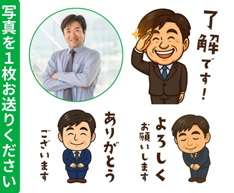 社長さんの高品質な似顔絵LINEスタンプ作ります 写真を1枚送るだけ。社長さんの似顔絵スタンプ8個♡商標利用可 イメージ2