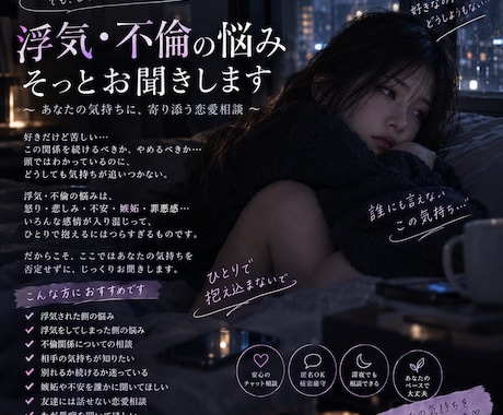 浮気・不倫の悩み、誰にも言えない気持ちを聞きます 浮気、不倫の悩みを否定せずにお聞きします イメージ1
